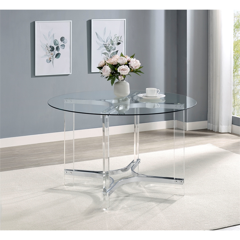 Keeling 47-inch Round Glass Top Acrylic Dining Table Chrome