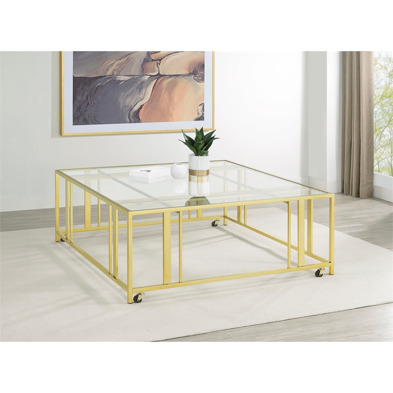 Adri Square Glass Top Coffee Table with Casters Matte Brass