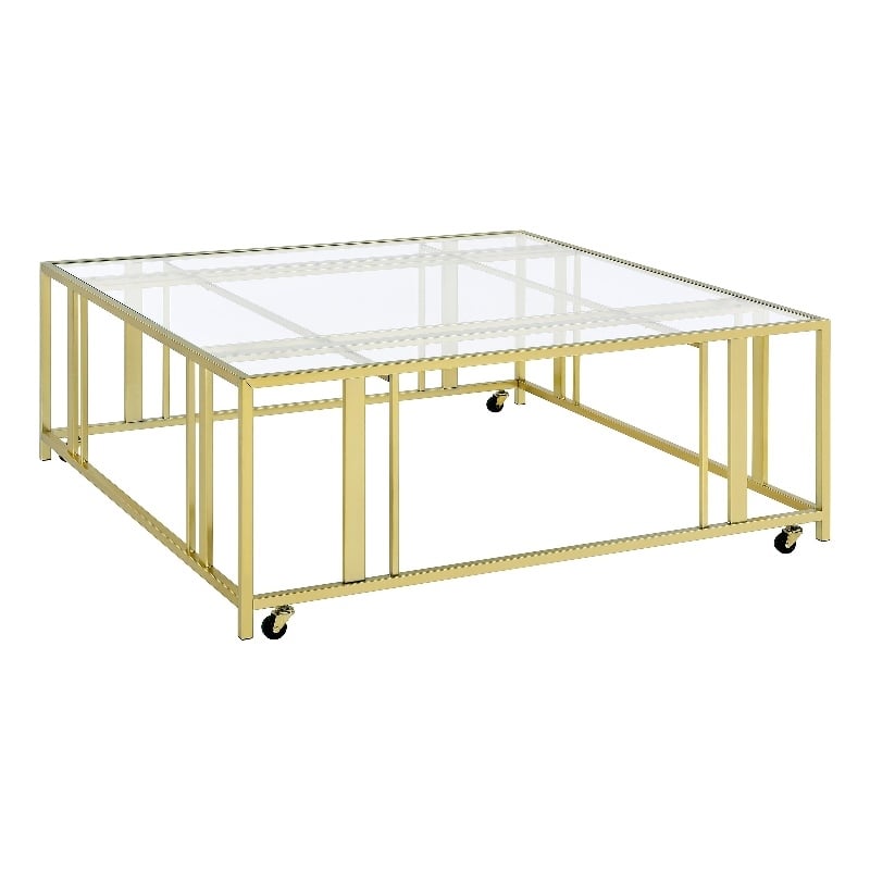 Adri Square Glass Top Coffee Table with Casters Matte Brass