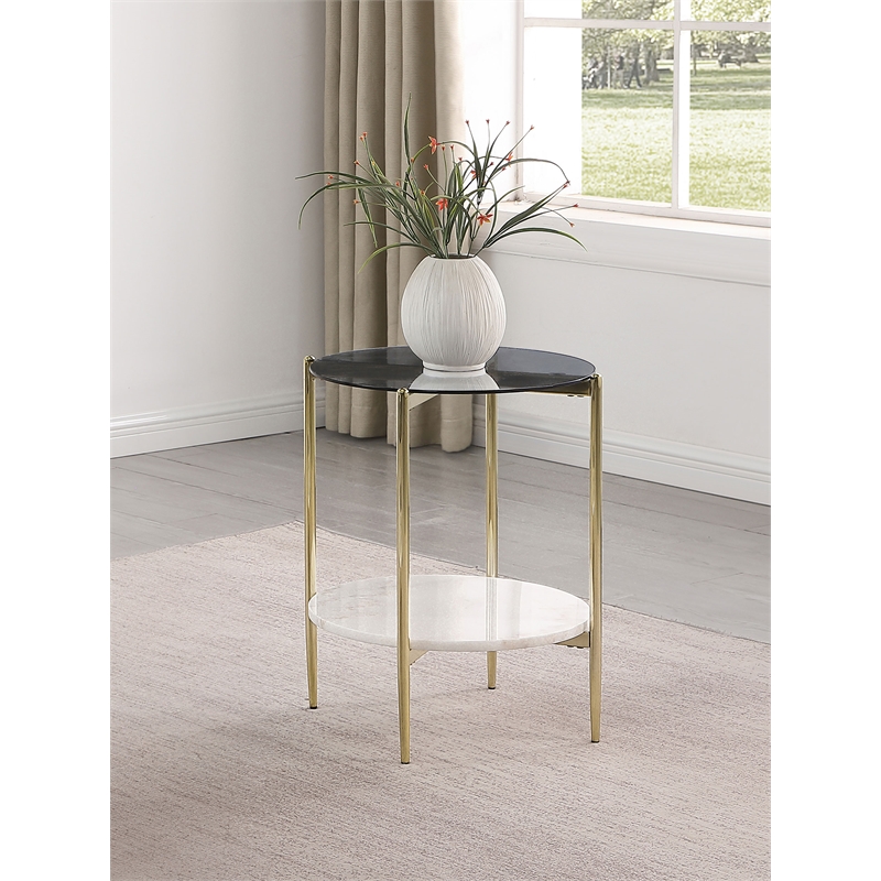 Jonelle Round Glass Top End Table White Marble Shelf Gold