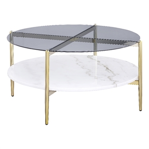 Jonelle Round Glass Top Coffee Table White Marble Shelf Gold