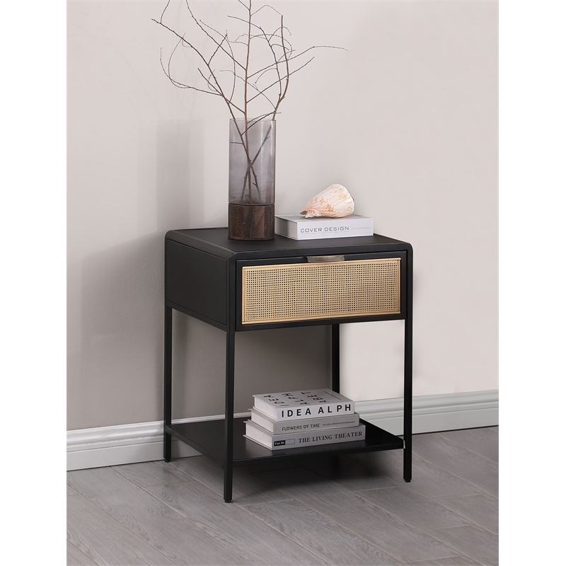 Amherst 1-drawer Radio Weave Cane Metal Bedside Table Black