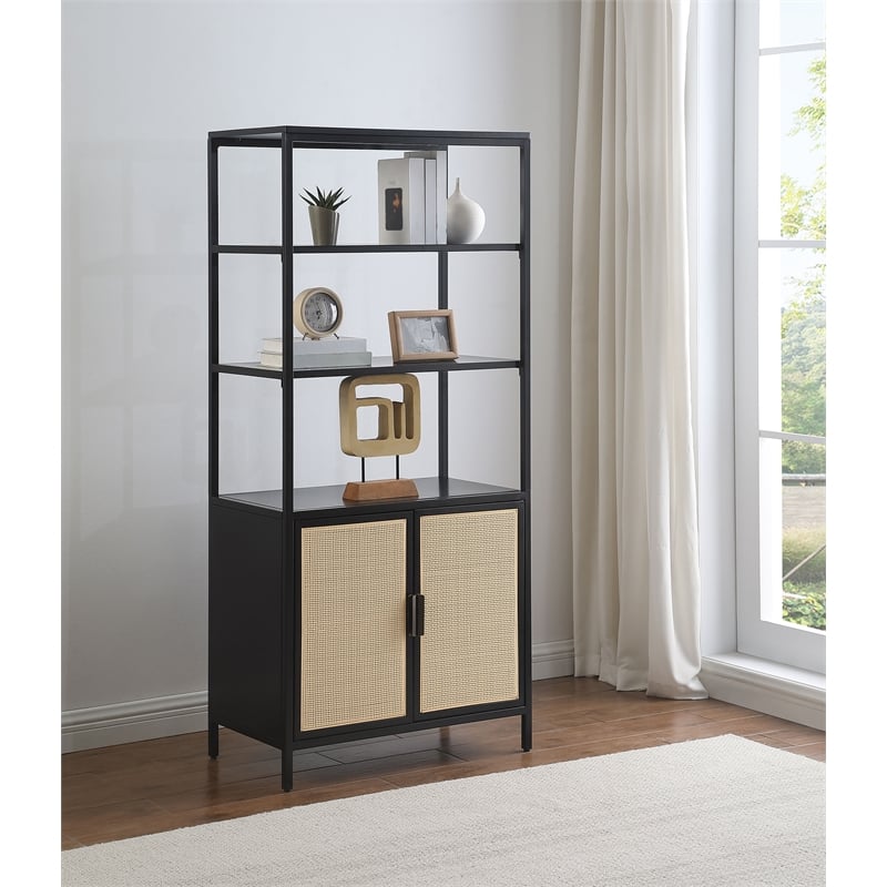 Amherst 3-shelf Radio Weave Cane Metal Accent Cabinet Black