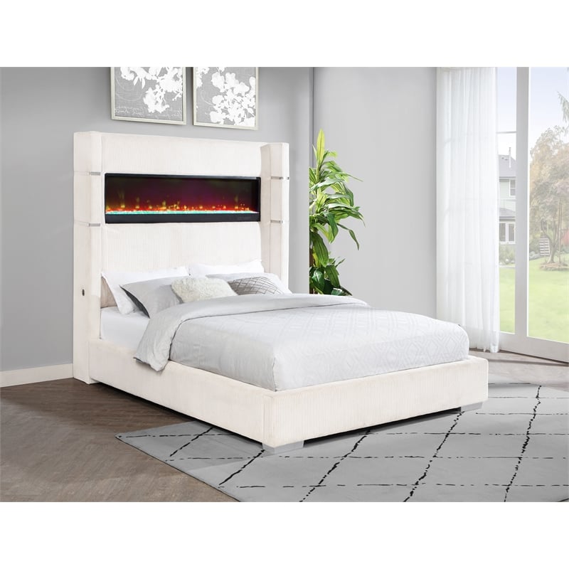 Tisdall Upholstered Queen Flame Visualizer Bed Cream