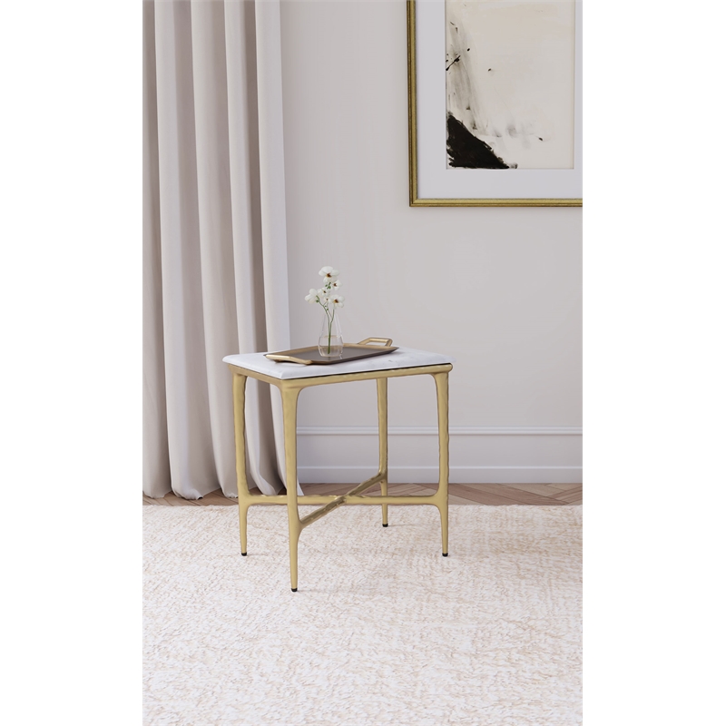 Baldwin Rectangular Marble Top Side Table White and Gold