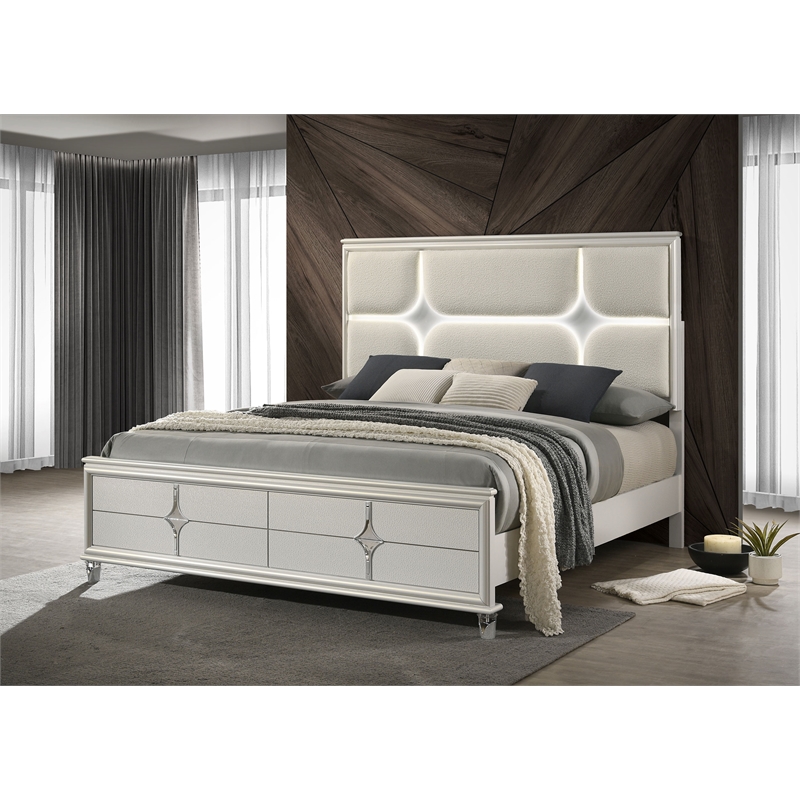 Olivia Queen Panel Bed LED Headboard Pearl White