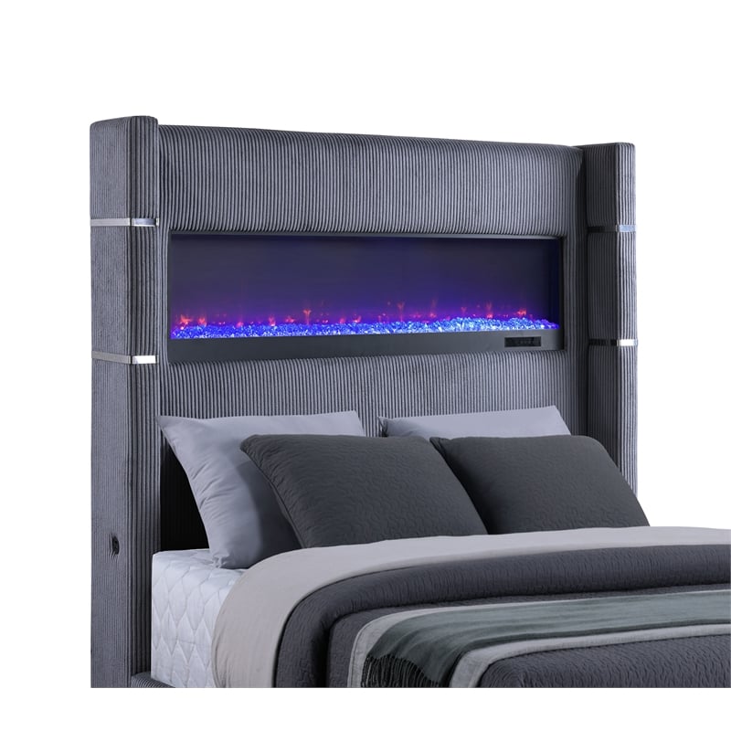 Tisdall Upholstered Queen Flame Visualizer Bed Grey
