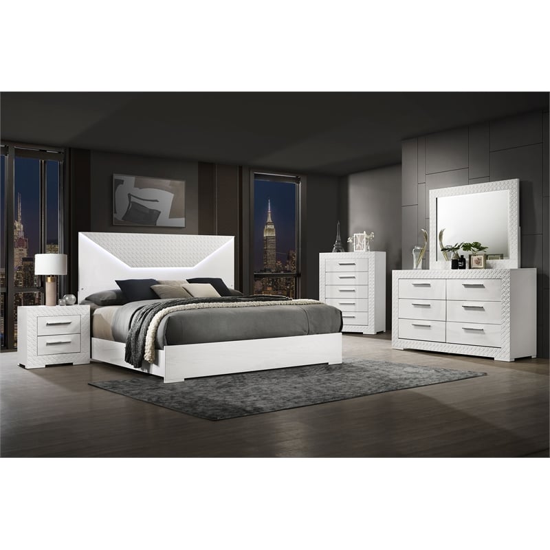 Ives Eastern King Panel Bed LED Headboard White High Gloss