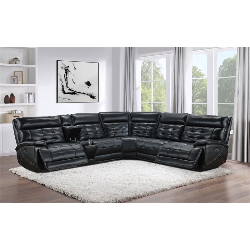 Hewitt Leather Dual Power Reclining Sectional Sofa Black