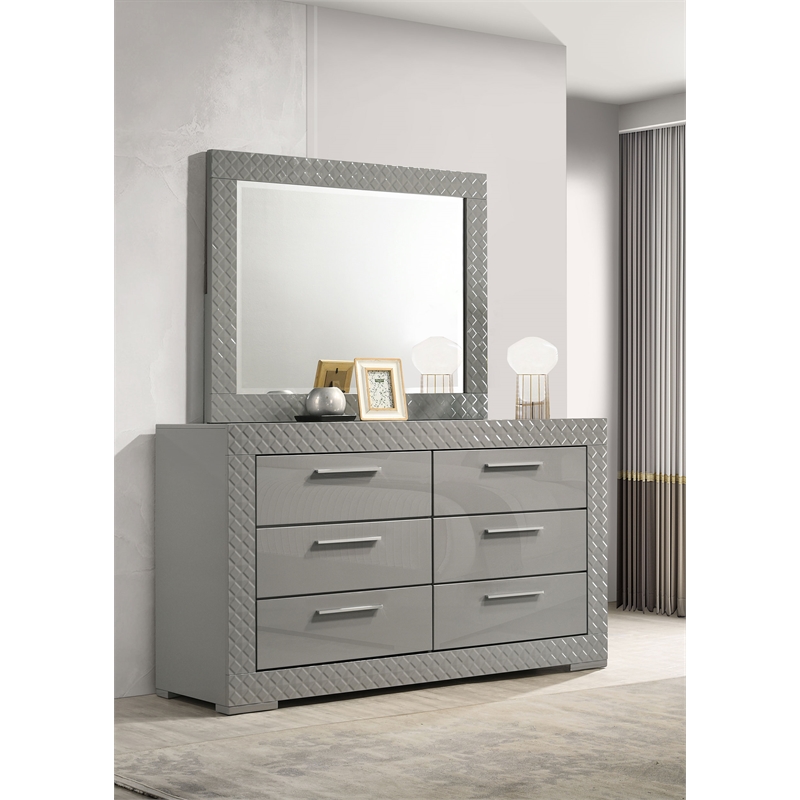 Ives 6-drawer Dresser and Mirror Grey High Gloss