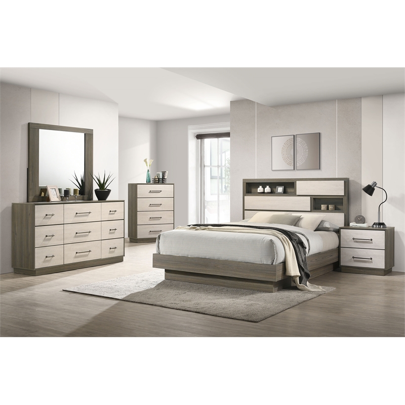 Fenwick Queen Bed Bookcase Headboard Grey Oak