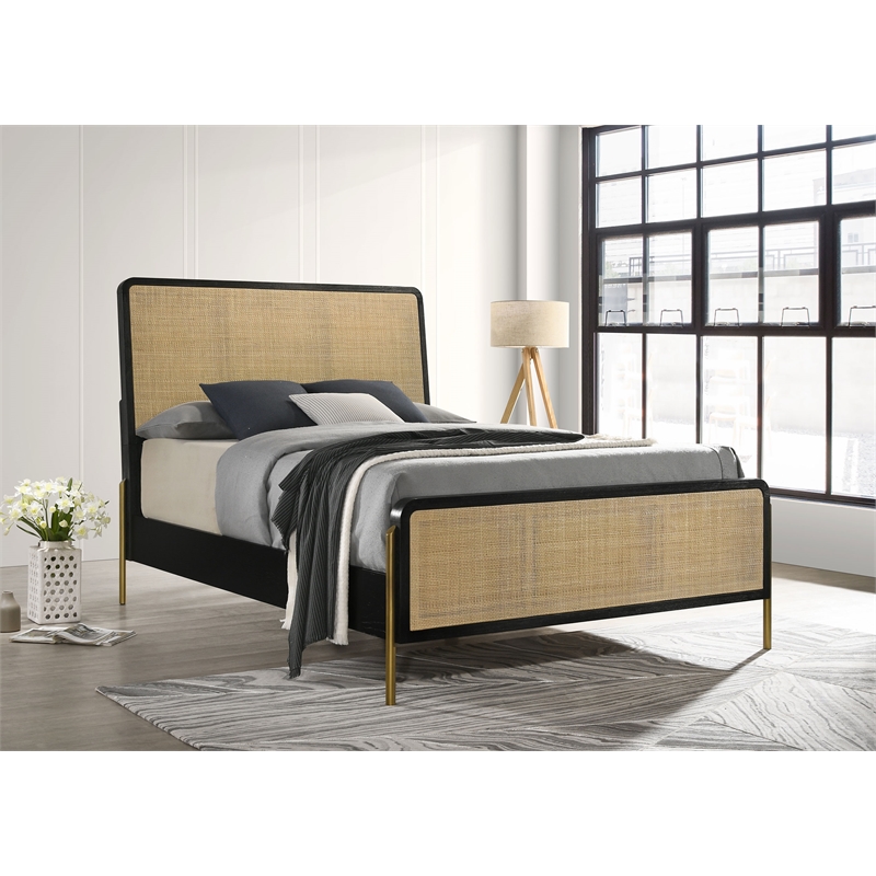 Arini Rattan California King Panel Bed Black and Natural