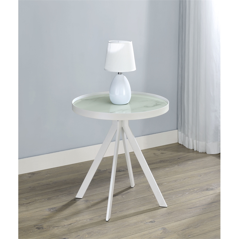 Briggs Round Marble Printed Glass Top End Side Table White