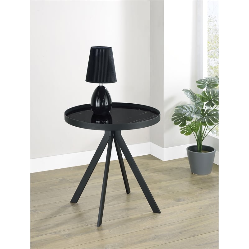 Briggs Round Marble Printed Glass Top End Table Black