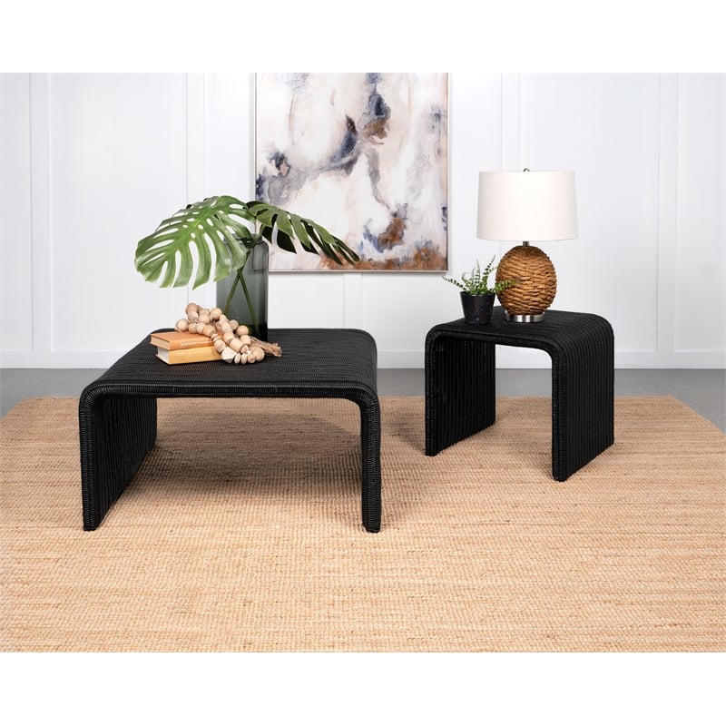 Cahya 2-piece Rattan Coffee and End Table Set Black