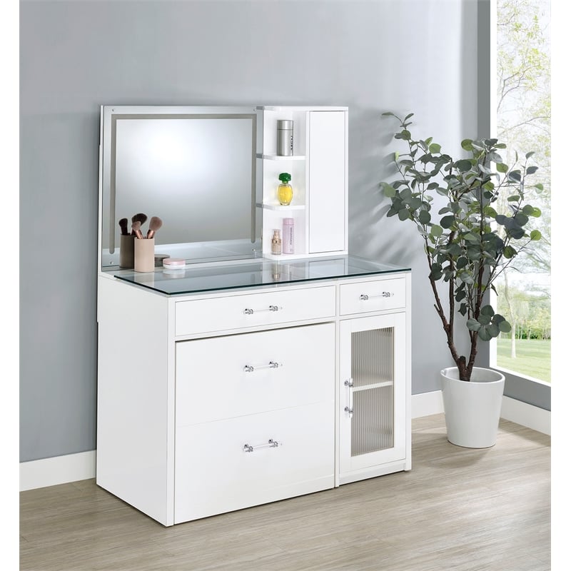 Flora 2-drawer Vanity Set with LED Mirror White High Gloss