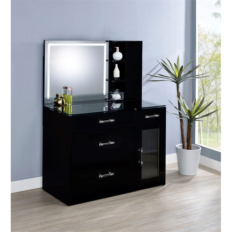 Flora 2-drawer Vanity Set with LED Mirror Black High Gloss