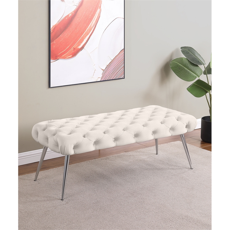 Ella Upholstered Tufted Bench Stainless Steel Legs Ivory