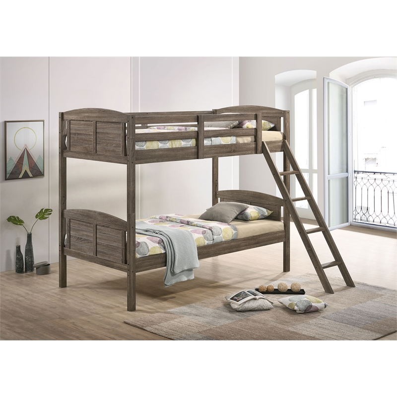 Flynn Wood Twin Over Twin Bunk Bed with Mattress Weathered Brown