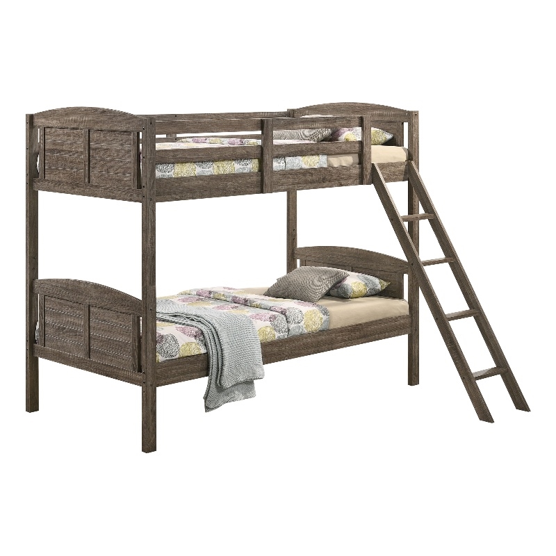Flynn Wood Twin Over Twin Bunk Bed with Mattress Weathered Brown