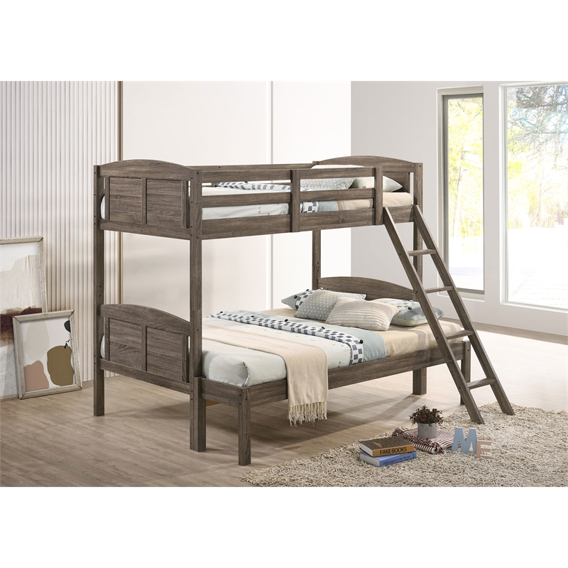 Flynn Wood Twin Over Full Bunk Bed with Mattress Weathered Brown