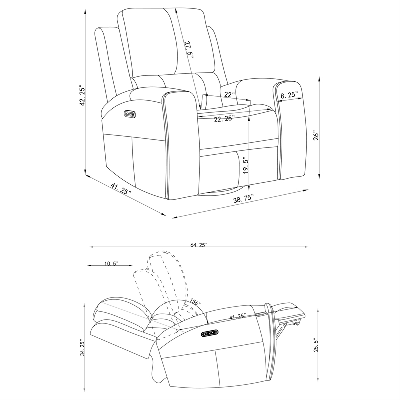 Coaster Brickston Faux Leather Triple Power Swivel Glider Recliner in Charcoal