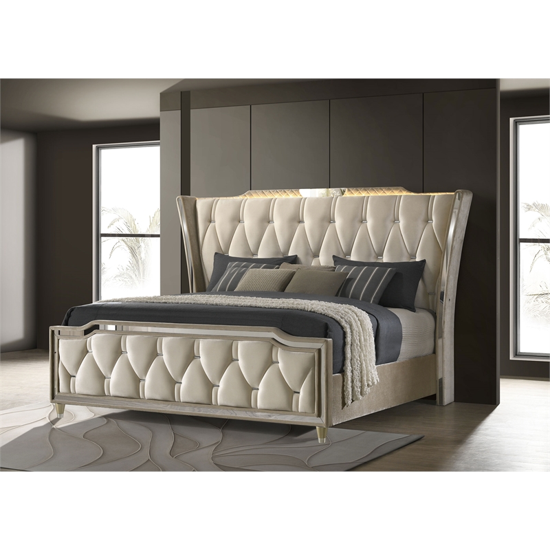 Coaster Lorient Upholstered Velvet Eastern King LED Wingback Bed in Ivory/Camel