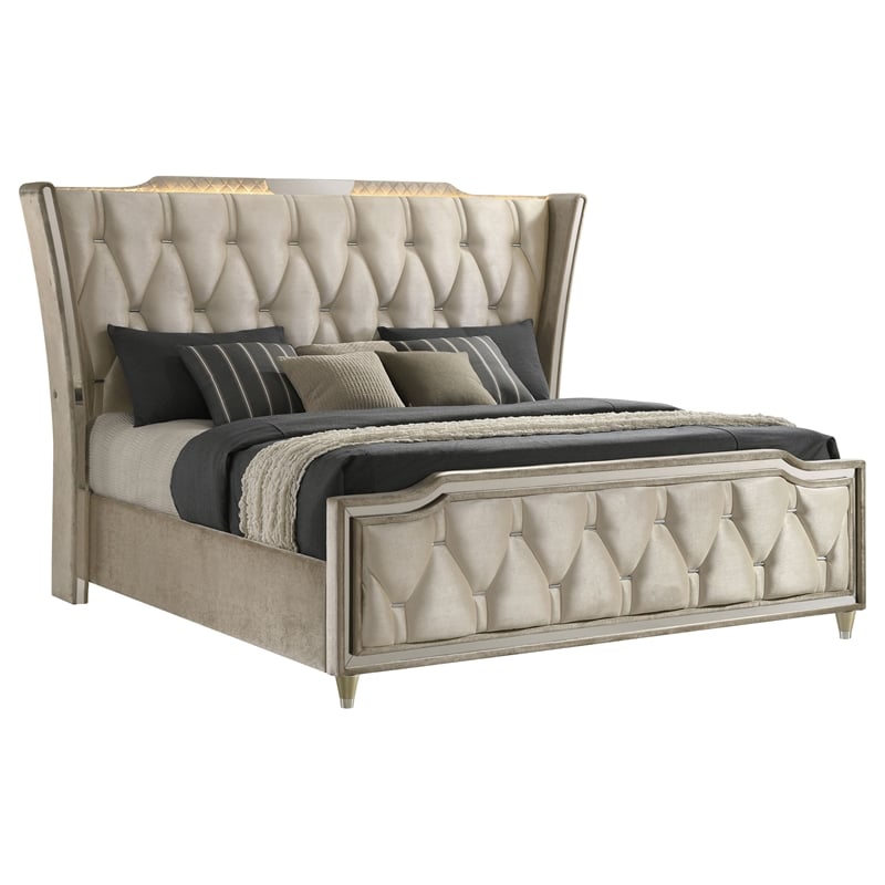 Coaster Lorient Upholstered Velvet Eastern King LED Wingback Bed in Ivory/Camel