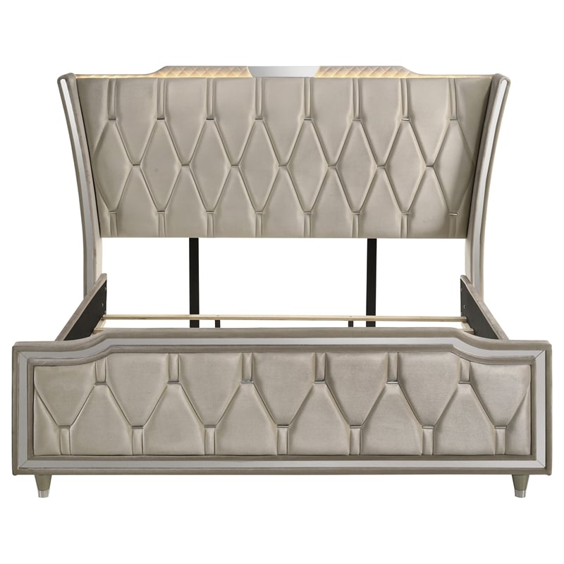 Coaster Lorient Upholstered Velvet Eastern King LED Wingback Bed in Ivory/Camel