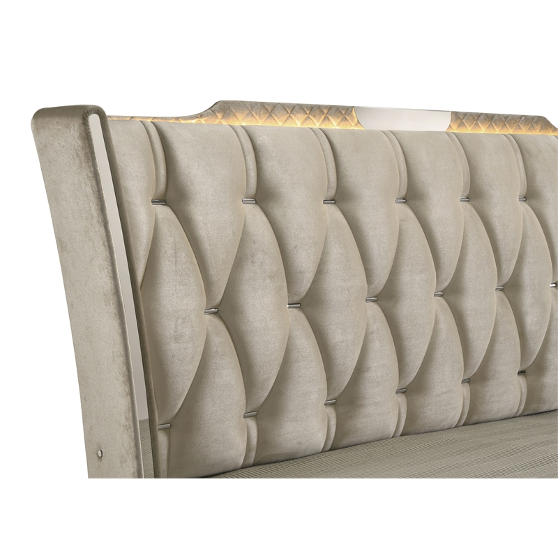 Coaster Lorient Upholstered Velvet Eastern King LED Wingback Bed in Ivory/Camel