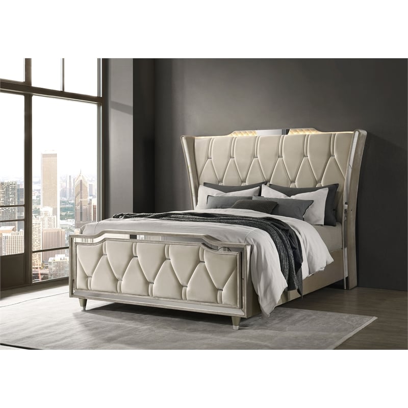 Coaster Lorient Upholstered Velvet Queen LED Wingback Bed in Ivory/Camel
