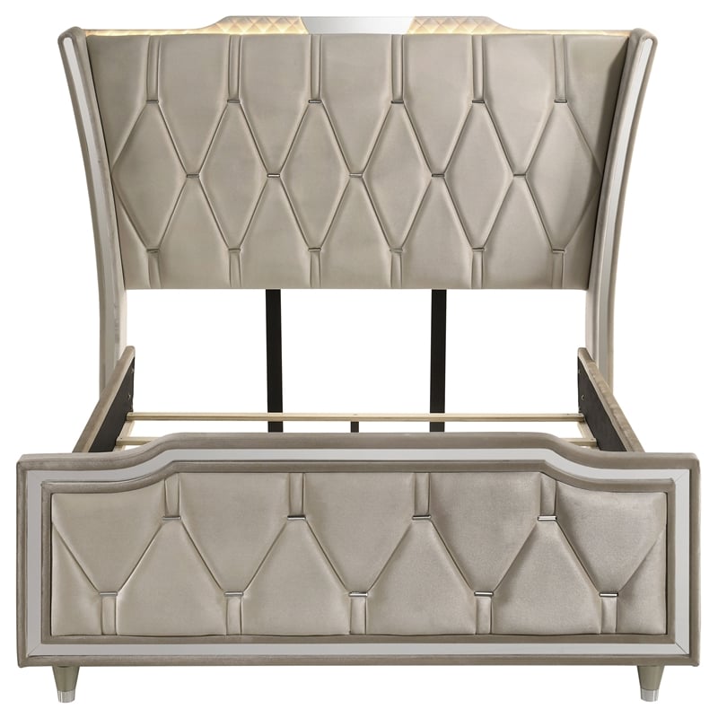 Coaster Lorient Upholstered Velvet Queen LED Wingback Bed in Ivory/Camel