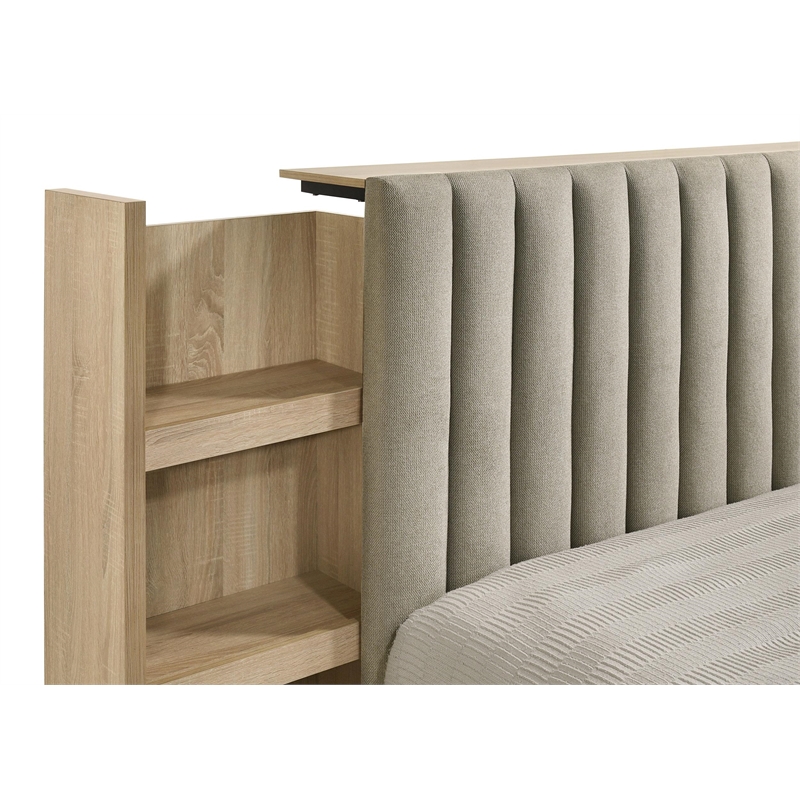 Coaster Arielle Fabric Eastern King Bookcase Panel Storage Bed in Light Oak/Tan