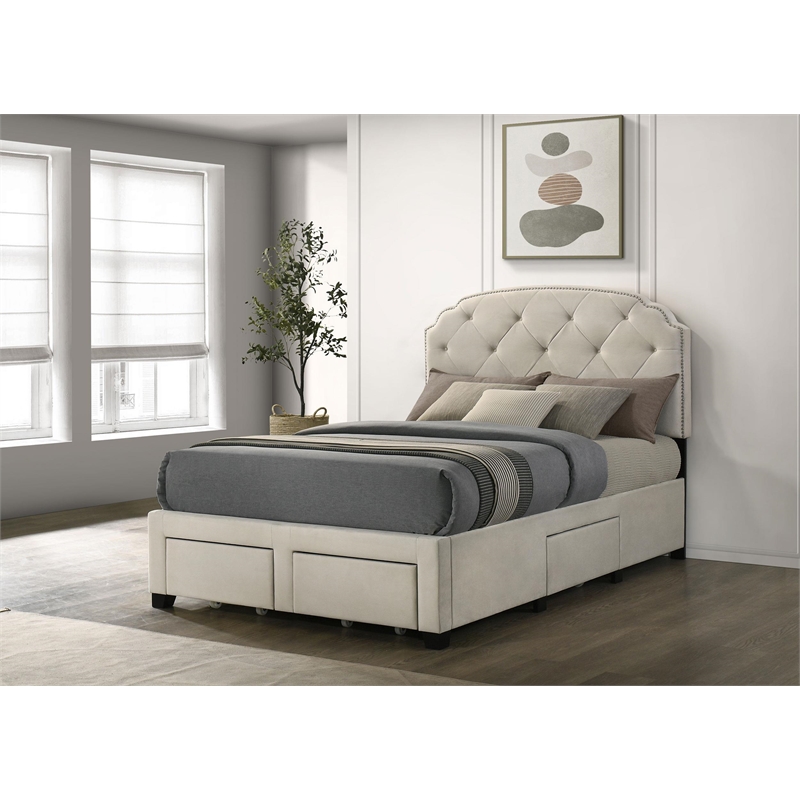 Coaster Marianna 4-Drawer Upholstered Velvet Full Storage Bed in Cream