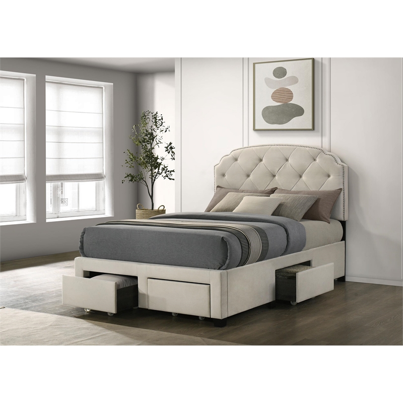 Coaster Marianna 4-Drawer Upholstered Velvet Full Storage Bed in Cream