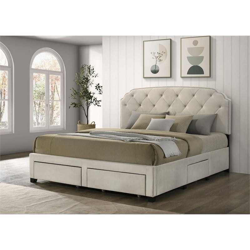 Coaster Marianna 4-Drawer Upholstered Velvet Eastern King Storage Bed in Cream