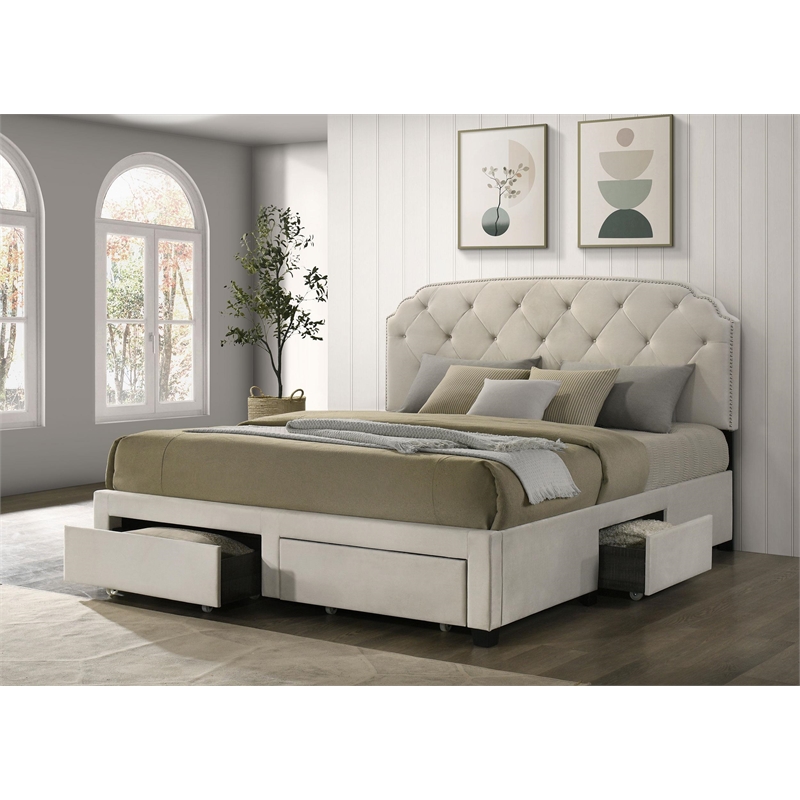 Coaster Marianna 4-Drawer Upholstered Velvet Eastern King Storage Bed in Cream