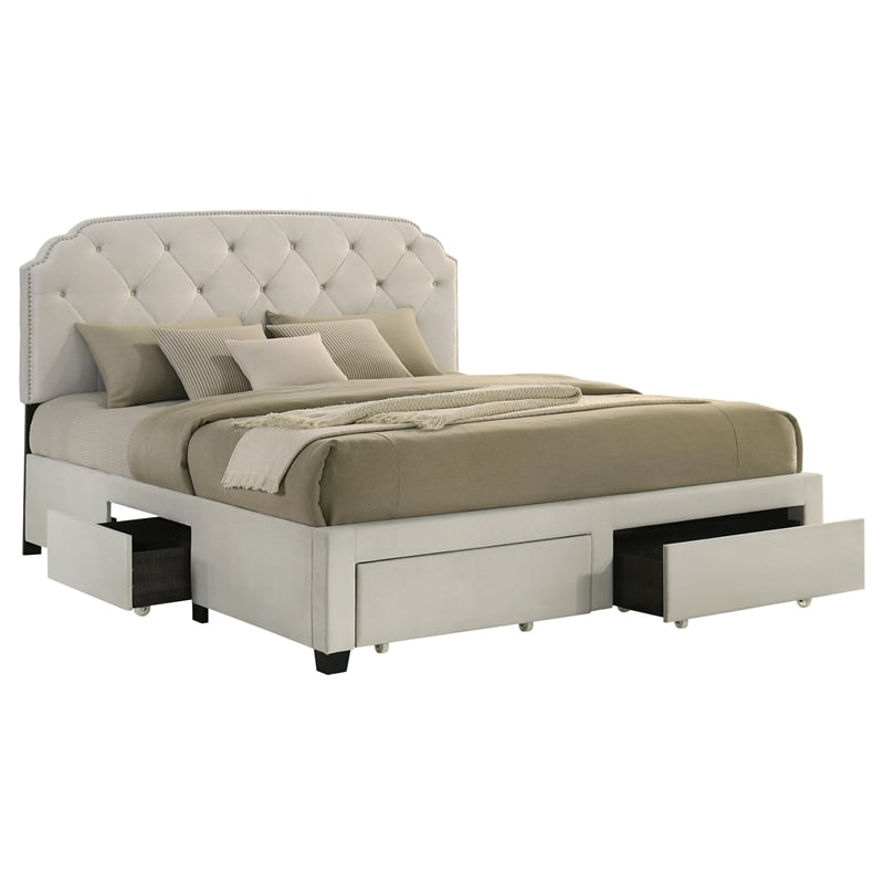 Coaster Marianna 4-Drawer Upholstered Velvet Eastern King Storage Bed in Cream