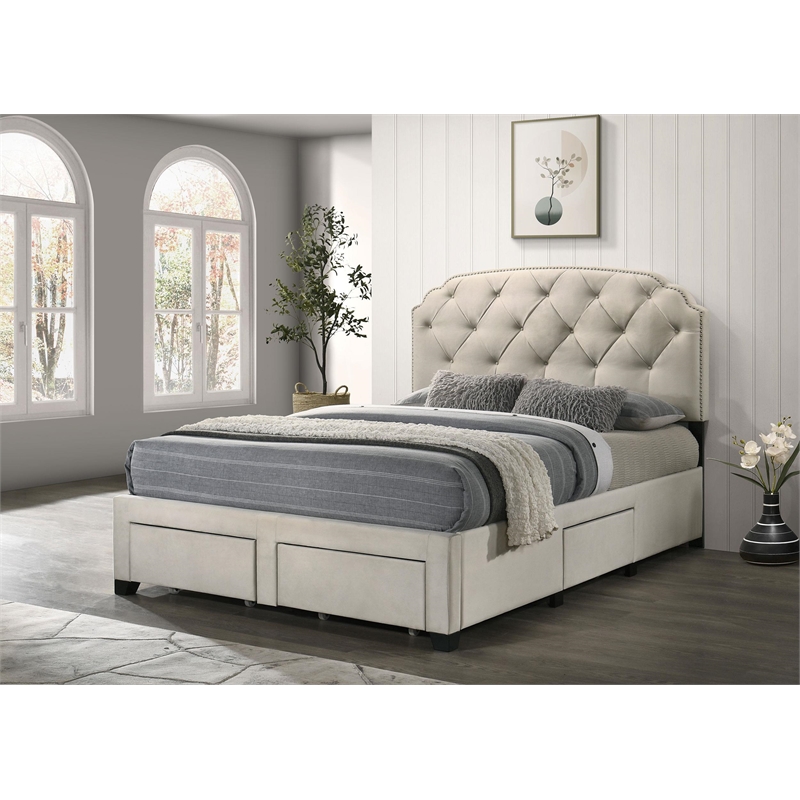 Coaster Marianna 4-Drawer Upholstered Velvet Queen Storage Bed in Cream