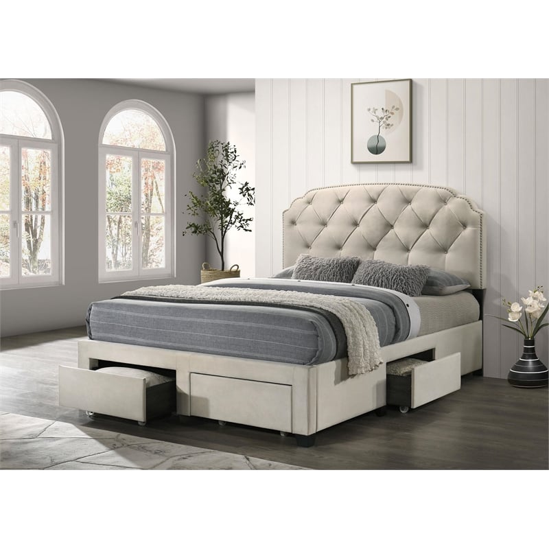 Coaster Marianna 4-Drawer Upholstered Velvet Queen Storage Bed in Cream