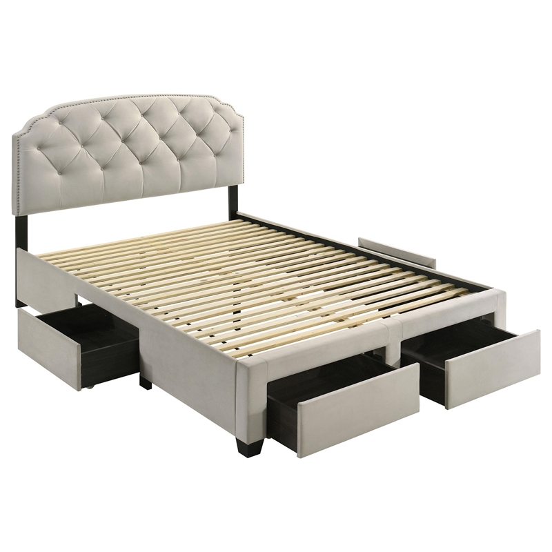Coaster Marianna 4-Drawer Upholstered Velvet Queen Storage Bed in Cream