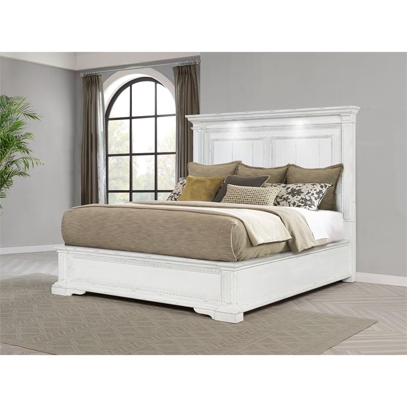 Coaster McKinney Wood California King LED Light Panel Bed in Vintage White