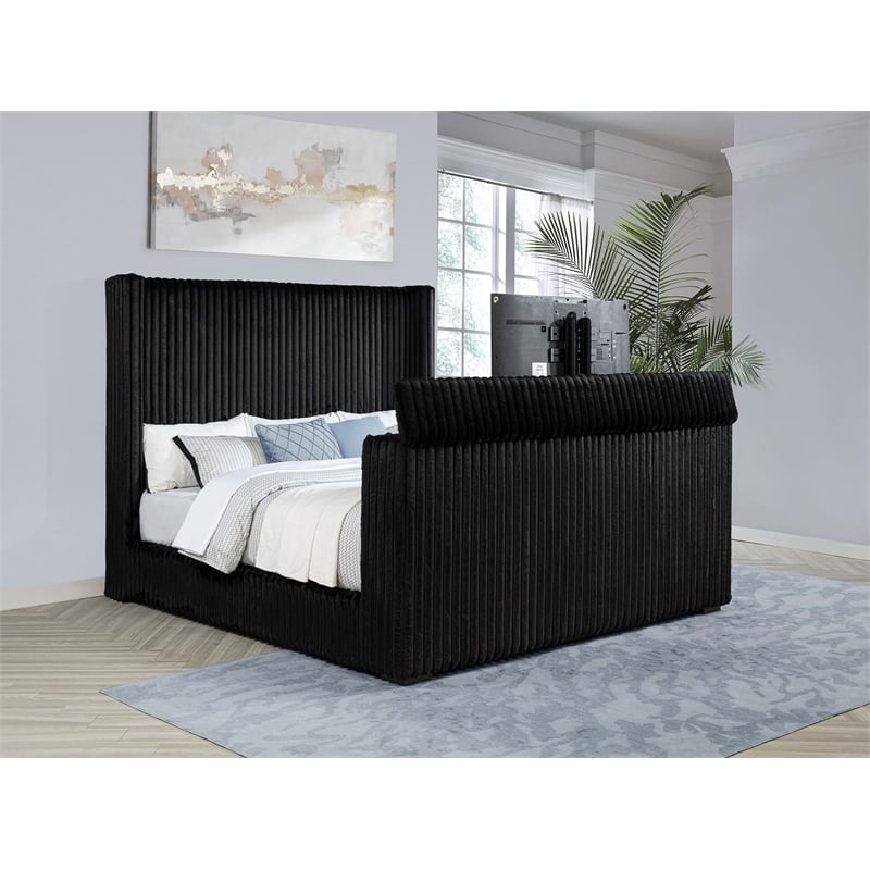 Coaster Centergrove Upholstered Velvet Eastern King Wingback TV Bed in Black
