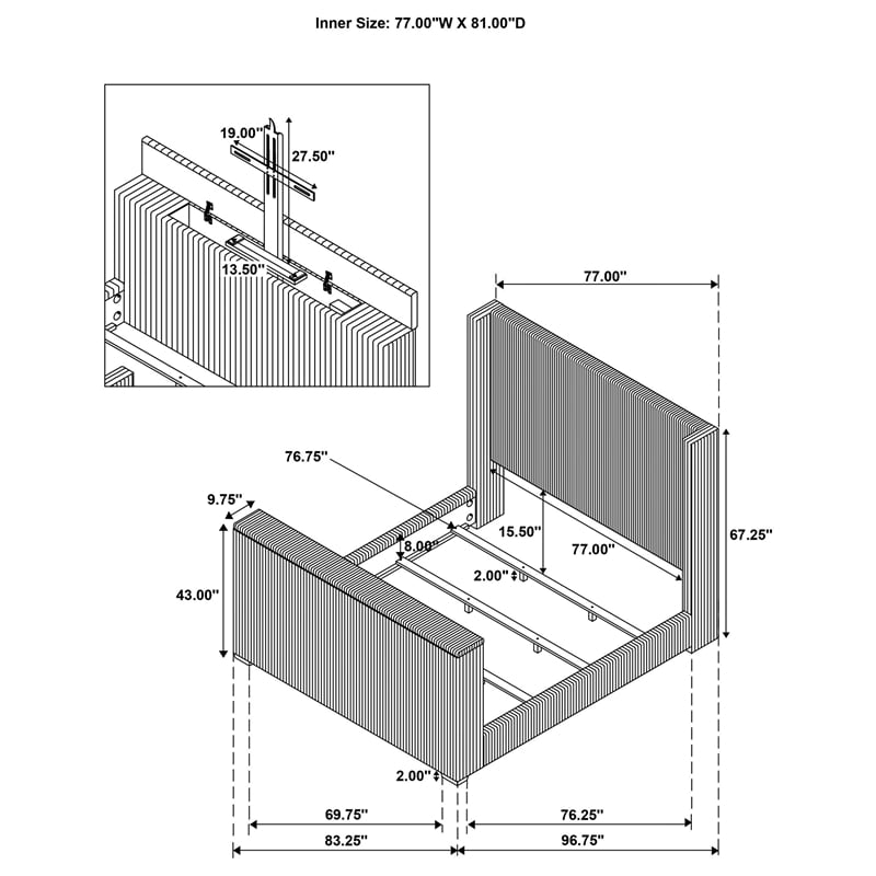 Coaster Centergrove Upholstered Velvet Eastern King Wingback TV Bed in Black
