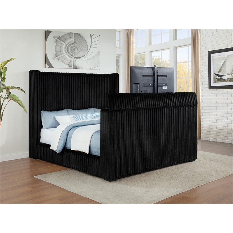 Coaster Centergrove Upholstered Velvet California King Wingback TV Bed in Black