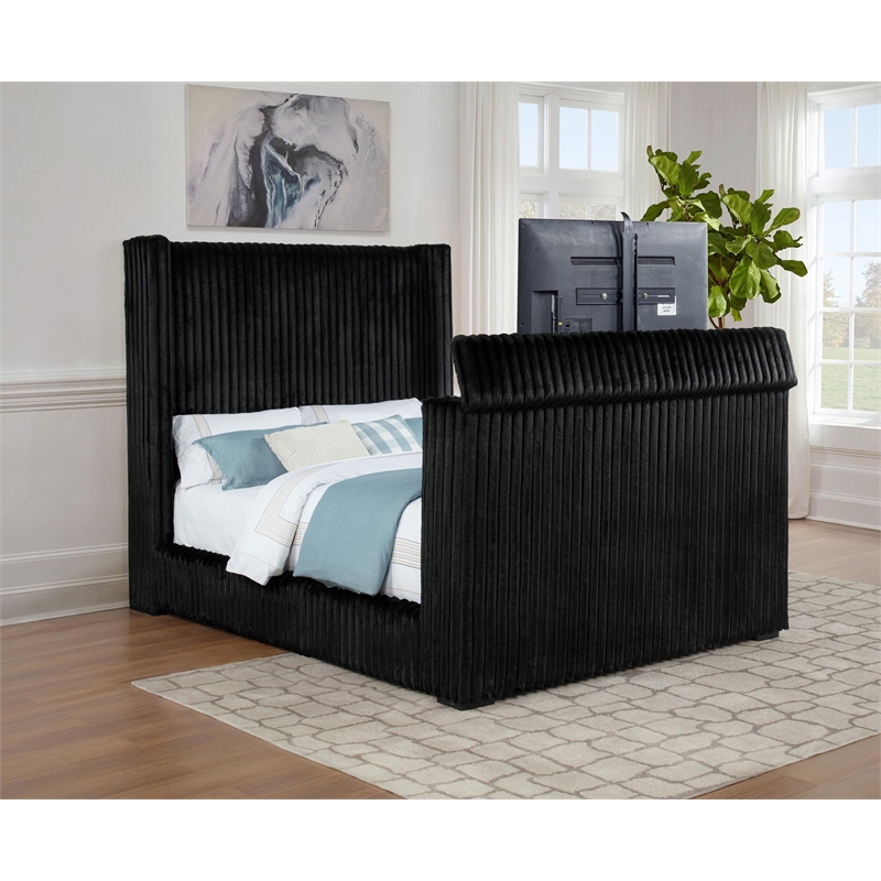 Coaster Centergrove Upholstered Velvet Queen Wingback TV Bed in Black
