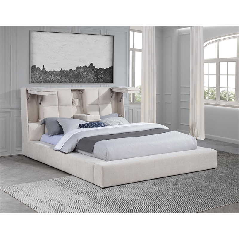 Coaster Dreux Upholstered Fabric Eastern King Panel Platform Bed in Cream