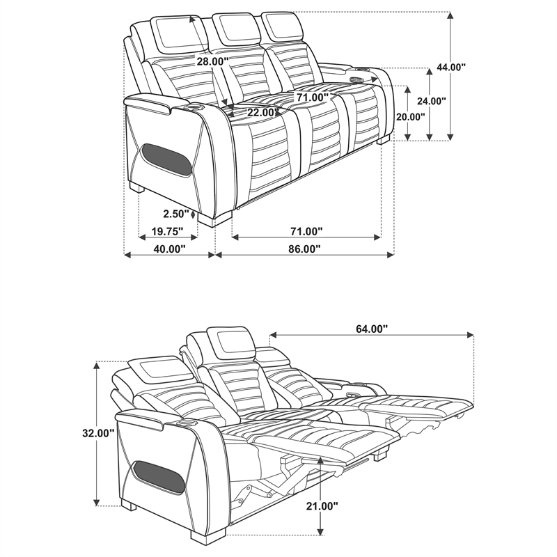 Coaster Zuma Upholstered Faux Leather Dual Power Reclining LED Sofa in Black