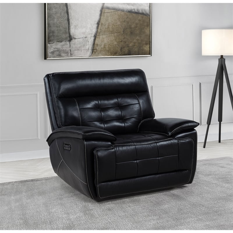 Coaster Hewitt Transitional Tufted Leather Dual Power Recliner Chair in Black
