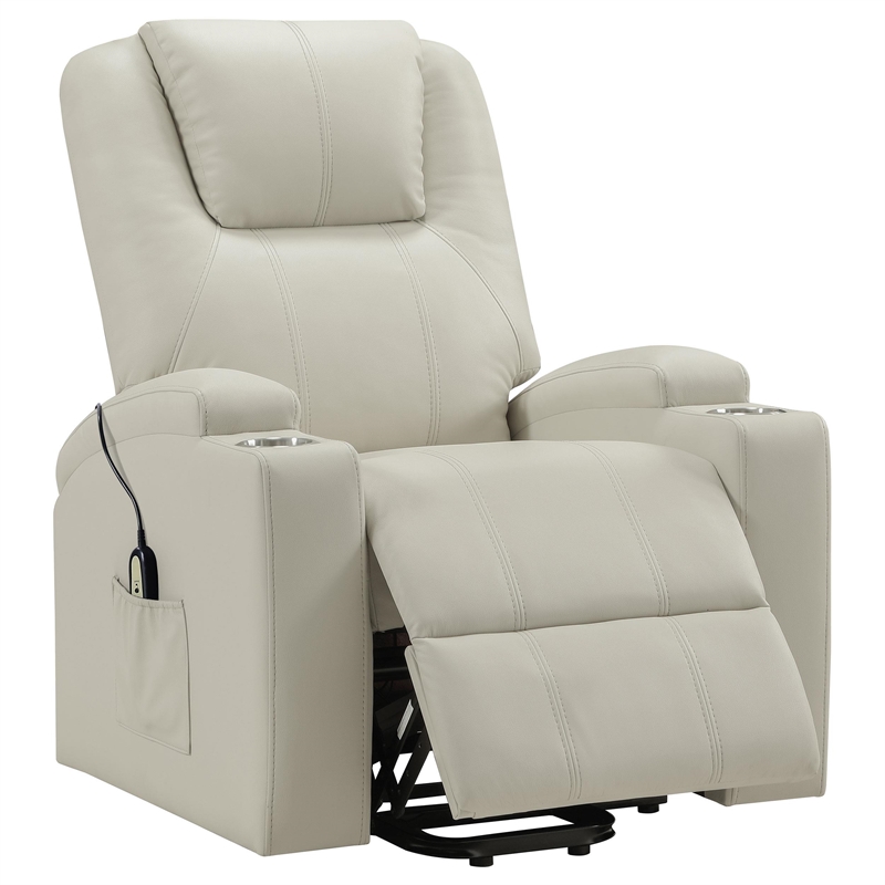 Coaster Armstrong Transitional Faux Leather Power Lift Massage Recliner in Ivory